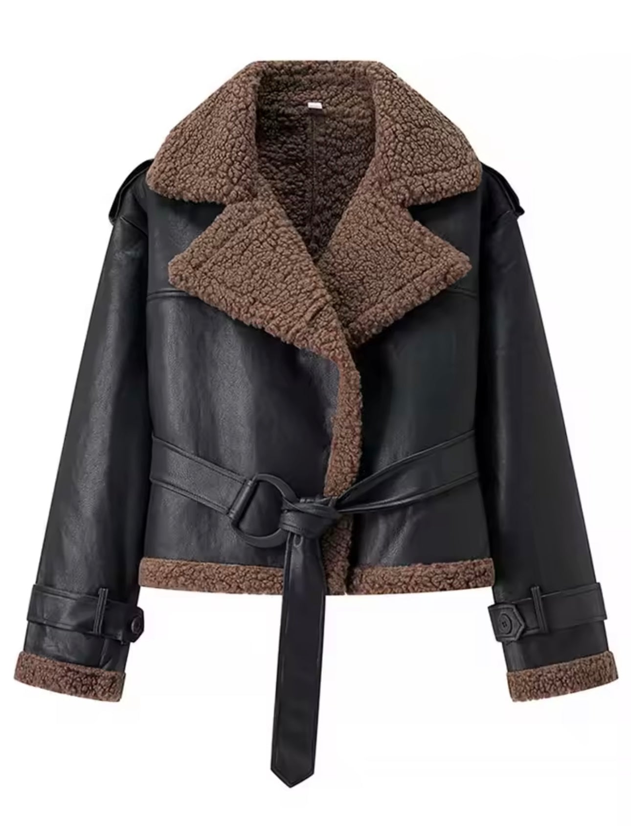 Short Black Sheepyy braune Teddy Leder Jacke – trendige Kunstlederjacke mit kuscheligem Innenfutter