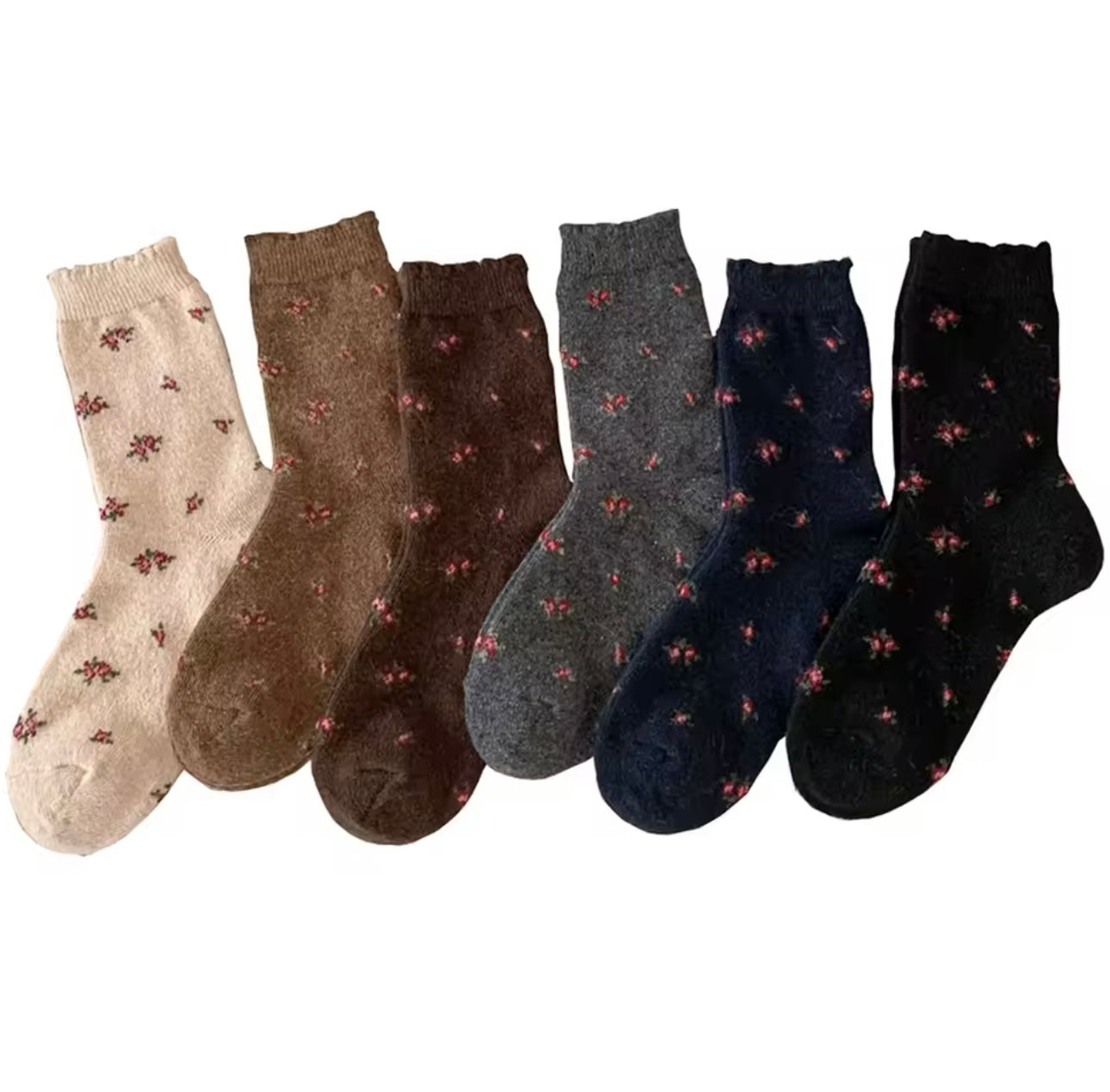 6 Paar Koreanyy Socken in Beige, Braun, Grau, Blau und Schwarz mit Blumenmuster, warme Wollsocken im koreanischen Cozy Style für Damen. Mit Blümchen Muster