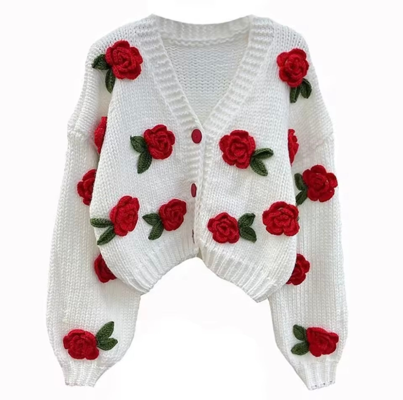 Rossyy Flower Strickjacke in Weiß mit großen roten Rosen gehäkelt, cozy Cardigan für Damen im Herbst und Winter.