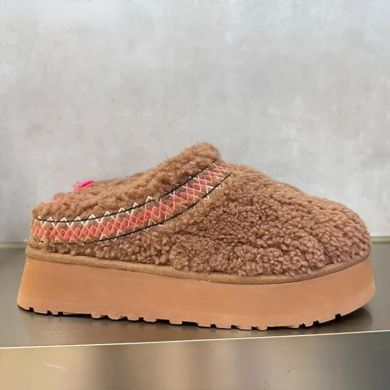 Woll Hausschuhe Damen Braun – warme Winter Slipper mit Plateau TikTok Teddy trend