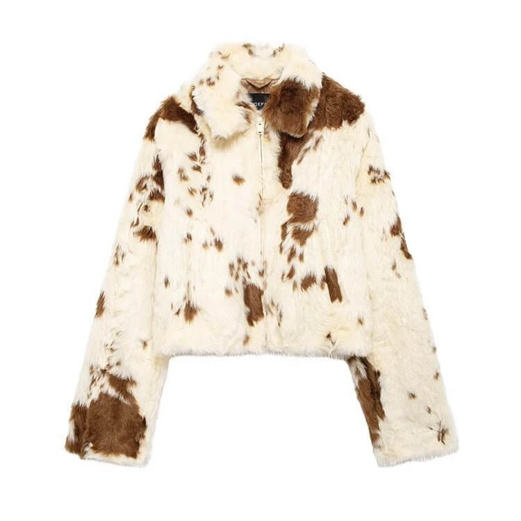 Cozy Cowyy modische Kuhfell-Jacke – kurz geschnittener Damenmantel mit braun-weißem Muster