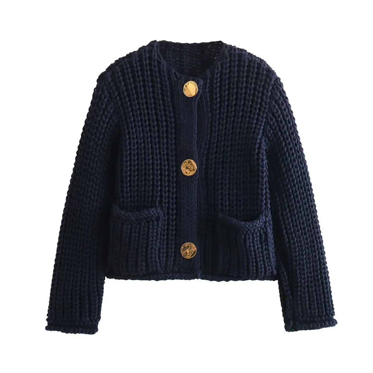 Gerdyy Strickjacke in Dunkelblau – edle Damenjacke mit goldenen Knöpfen und Taschen