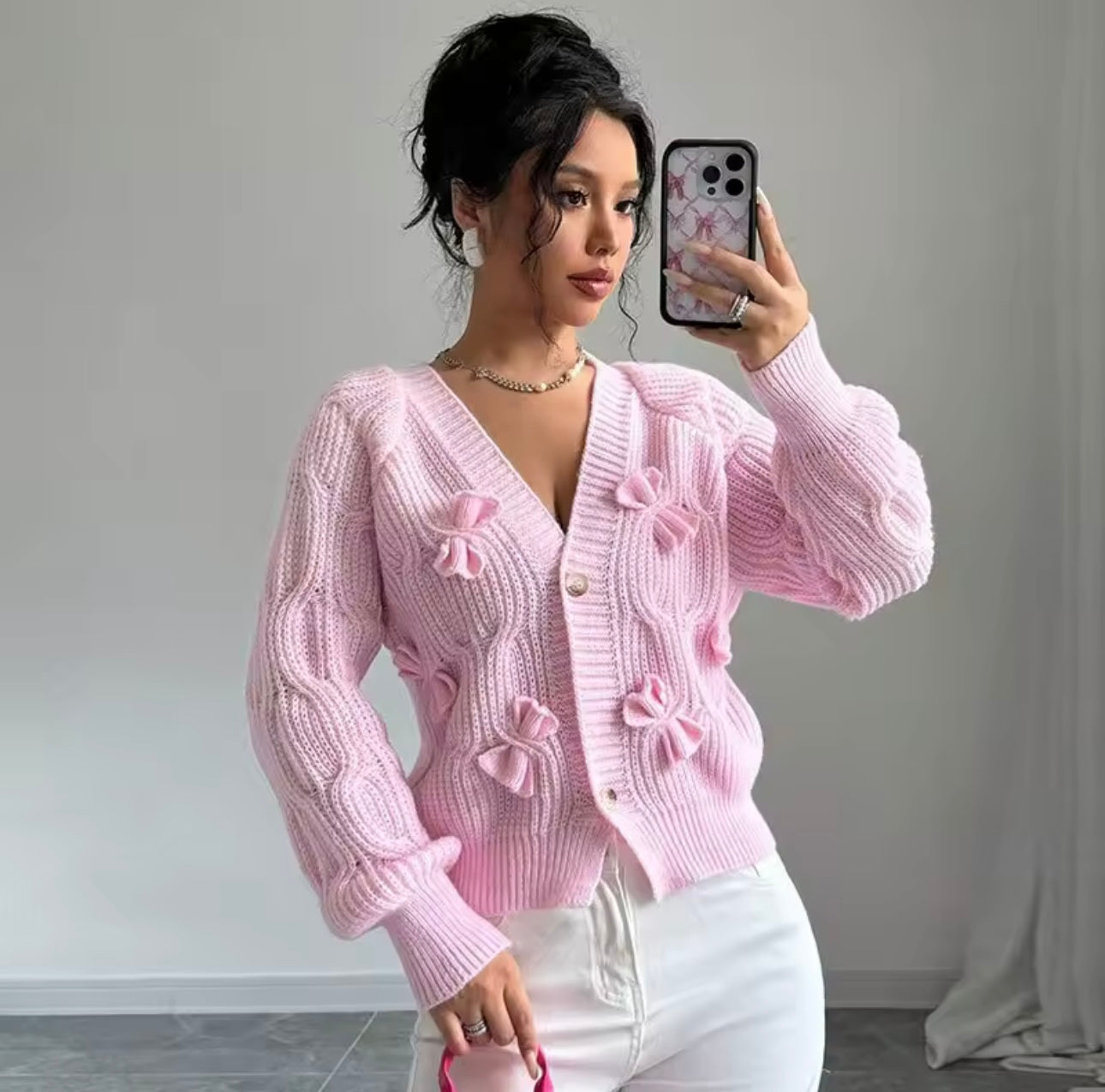 Süßer Girly Schleifen Cardigan aus rosa Wolle mit Knöpfen und Puffärmeln
