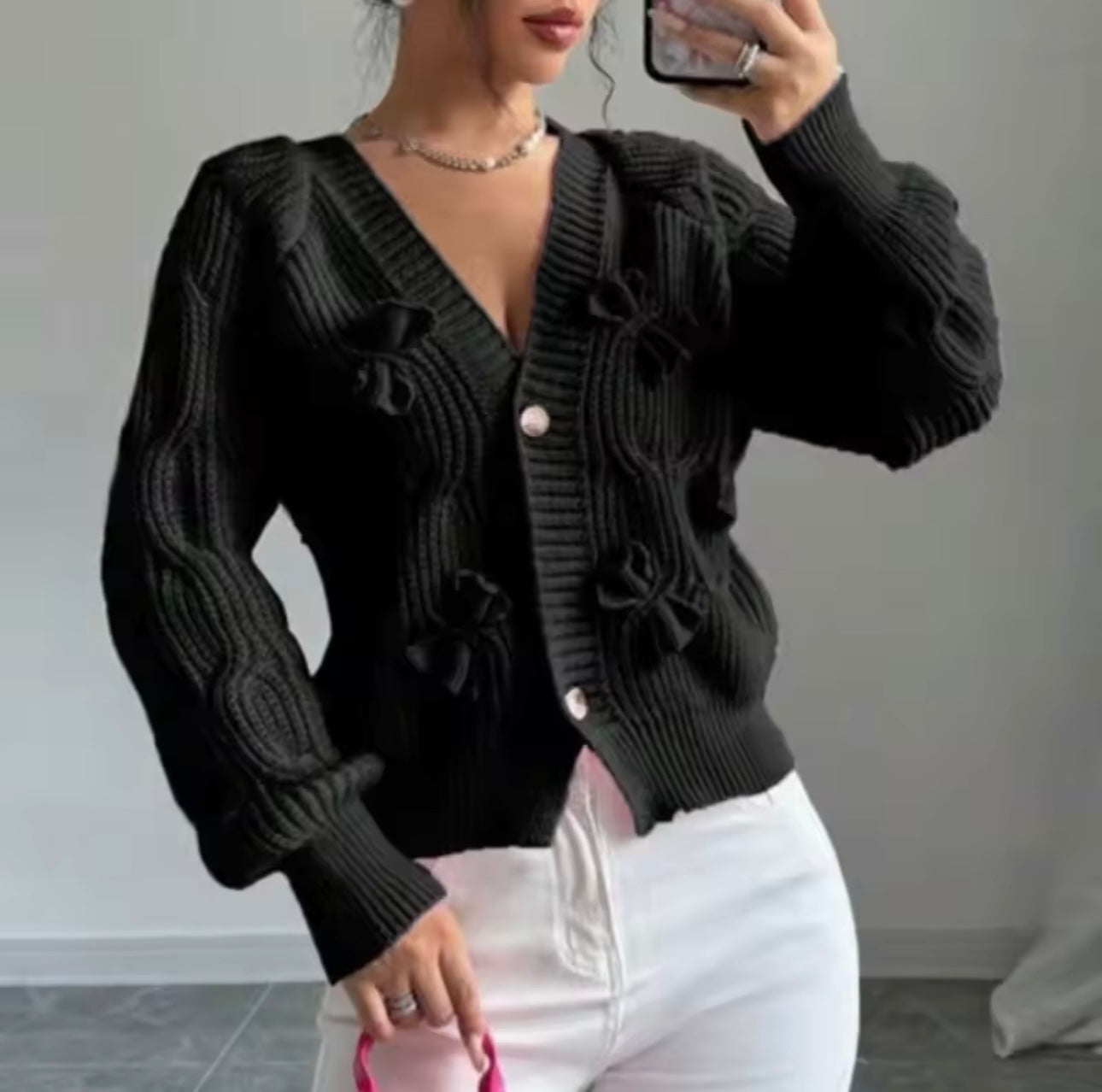 Schwarzer Bowyy Knit Cardigan – cozywoolcraft Strickjacke mit Schleifen, TikTok Trend für Frühling & Herbst 2025