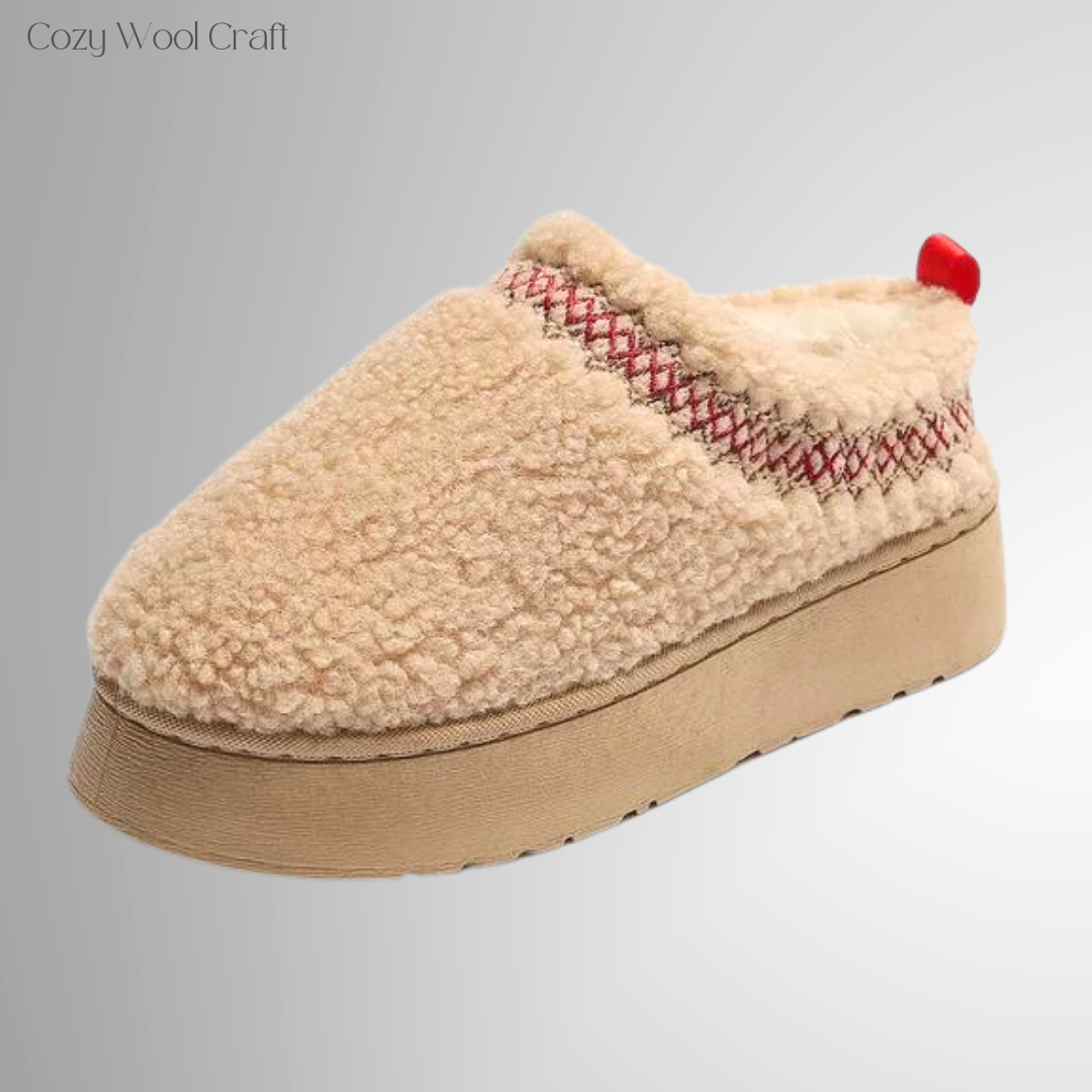Gemütliche Hausschuhe Damen Beige – Woll Slipper mit dicker Sohle für Winter Instagram Teddy Fell Hausschuhe