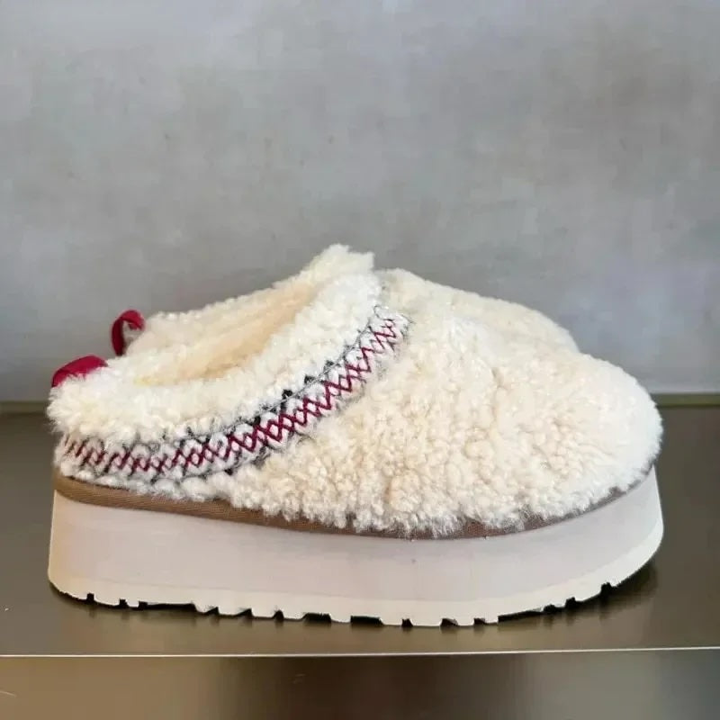 Dupe teddy Warme Slipper Damen Weiß – Woll Hausschuhe für Herbst und Winter flauschige Schuhe