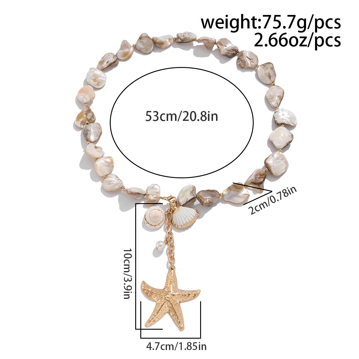 Maße der Allyy Seestern Halskette: 53 cm Länge, gefertigt aus Perlen mit goldfarbenem Seestern, Muschel und Schnecke – elegantes Sommeraccessoire.