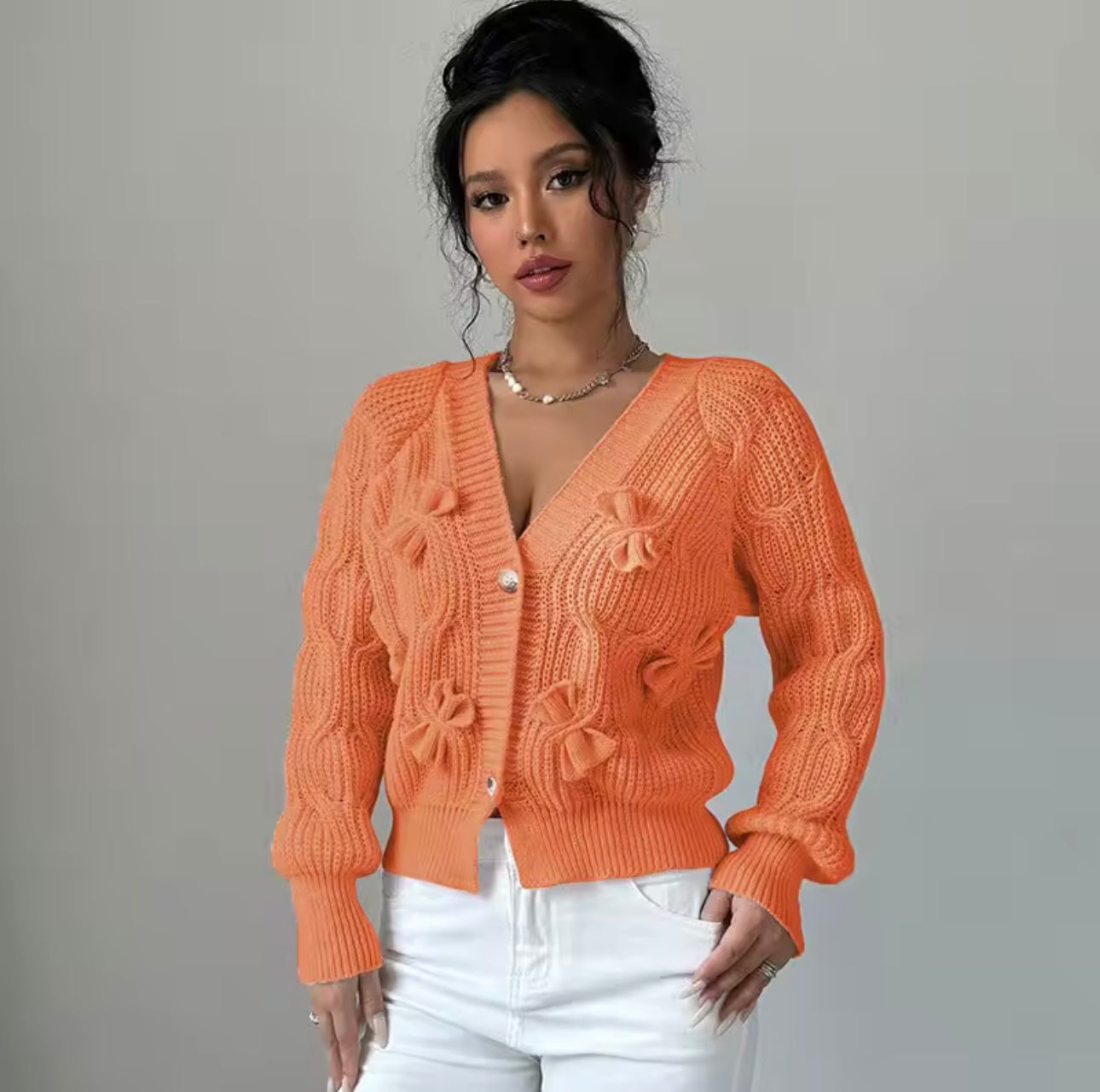 Orangefarbener Bowyy Knit Cardigan – cozywoolcraft Strickjacke mit Schleifen, TikTok Trend für Frühling & Herbst 2025