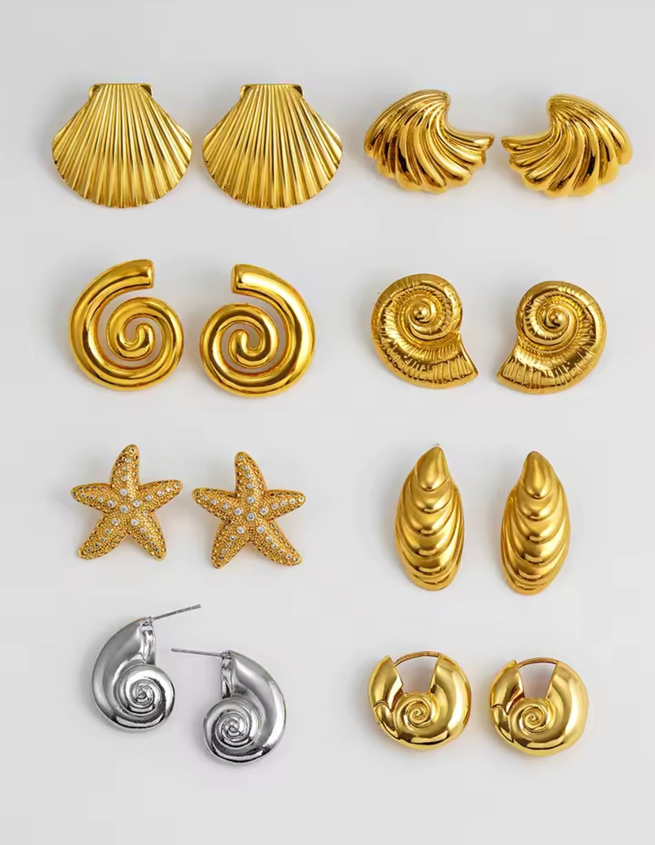 Maritimes Ohrring-Set von CozyWoolCraft mit eleganten Designs in Gold und Silber – Muschel-, Schnecken-, Spiral-, Seestern- und Wellenformen für sommerliche Looks und edle Outfits.