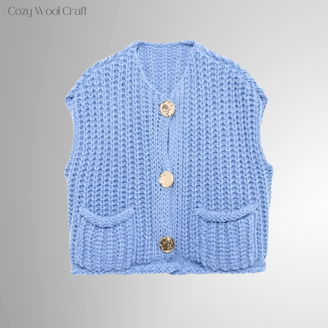 Gerdyy golden Strickweste - Cozy Wool Craft. Strickweste Damen Blau – grob gestrickt mit Knöpfen und Taschen“