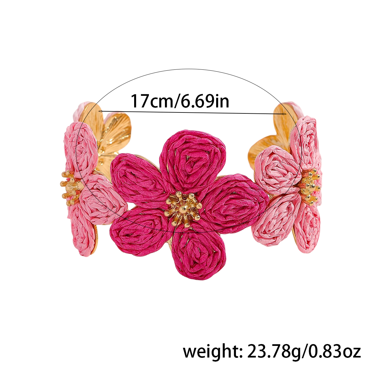 Maßangabe des Jaayy Floralen Armreifs: 17 cm Umfang, 23,78 g Gewicht – edler goldener Rahmen mit kunstvoll gearbeiteten Blüten in Pink und Rosa.