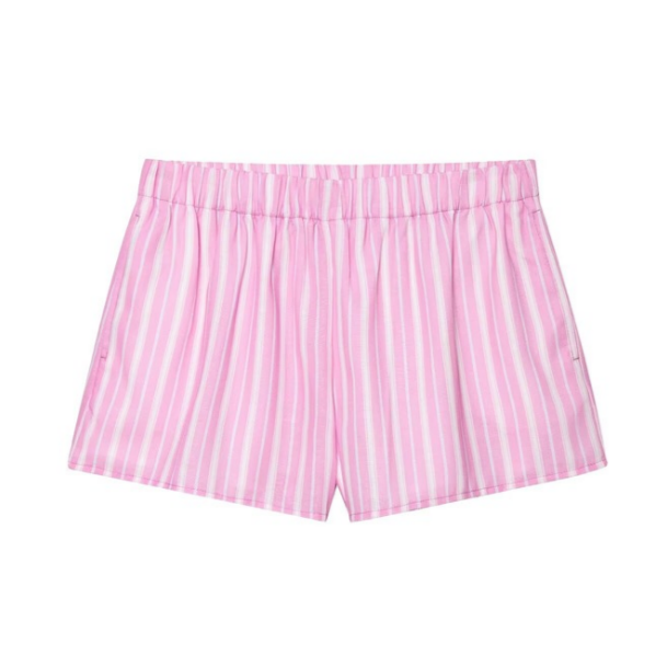 Bequeme Shorts aus dem Loryy Gestreiften Pyjama Set von CozyWoolCraft mit elastischem Bund und rosa-weißen Streifen für maximalen Tragekomfort.