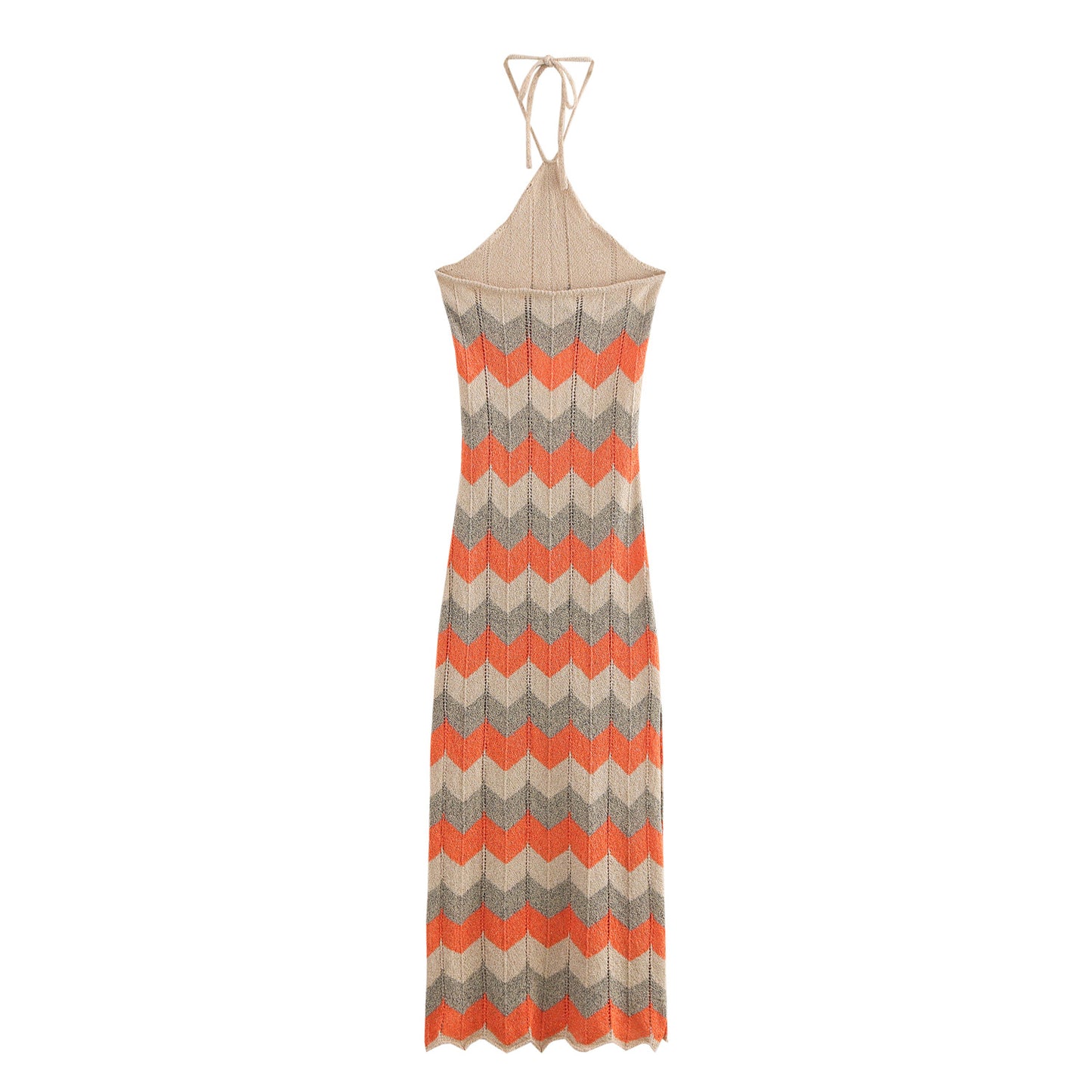 Langes Samyy Strickkleid Halterneck in Midi-Länge mit Retro-Zickzackmuster in Orange, Beige und Grau – stylisches Strickkleid von CozyWoolCraft.