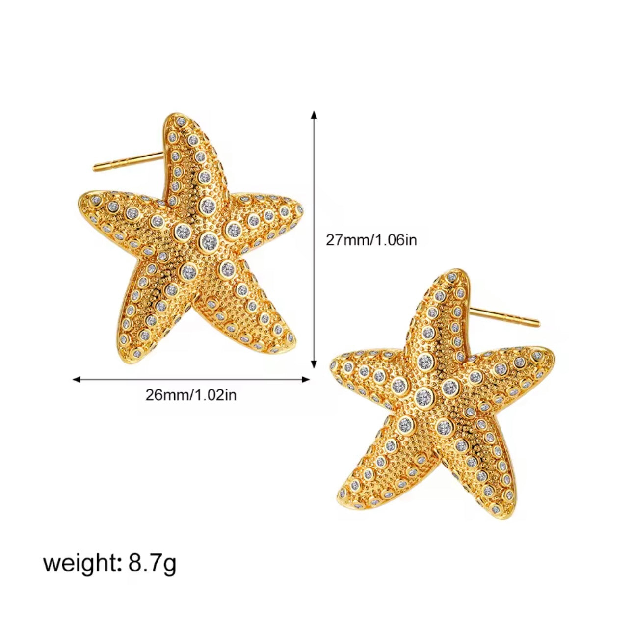 Seestern Ohrringe von CozyWoolCraft in funkelndem Gold mit Strasssteinen – eleganter maritimer Schmuck, inspiriert vom Meer, Größe 27 × 26 mm, Gewicht 8,7 g.