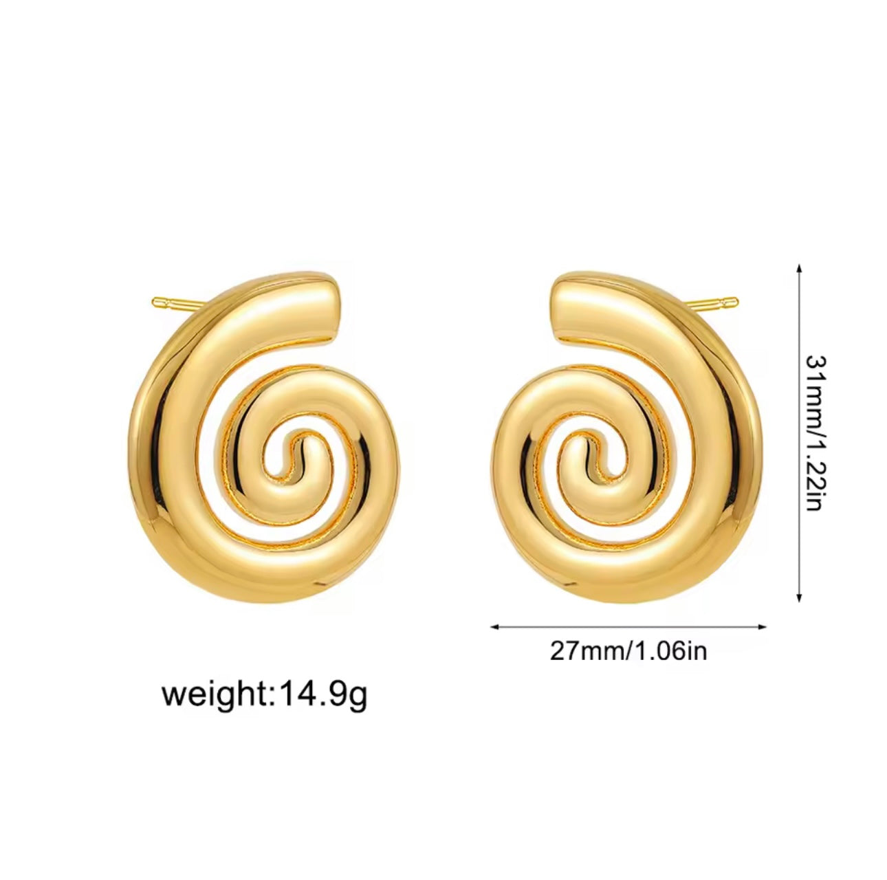 Spiral Ohrringe von CozyWoolCraft in glänzendem Gold mit Maßangaben 31 mm × 27 mm – eleganter Statement-Schmuck im modernen Spiraldesign, inspiriert von Meeresformen.