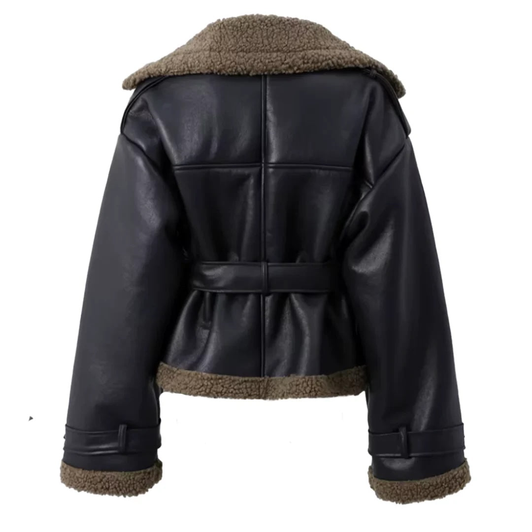 Short Black Sheepyy black teddy leather jacket